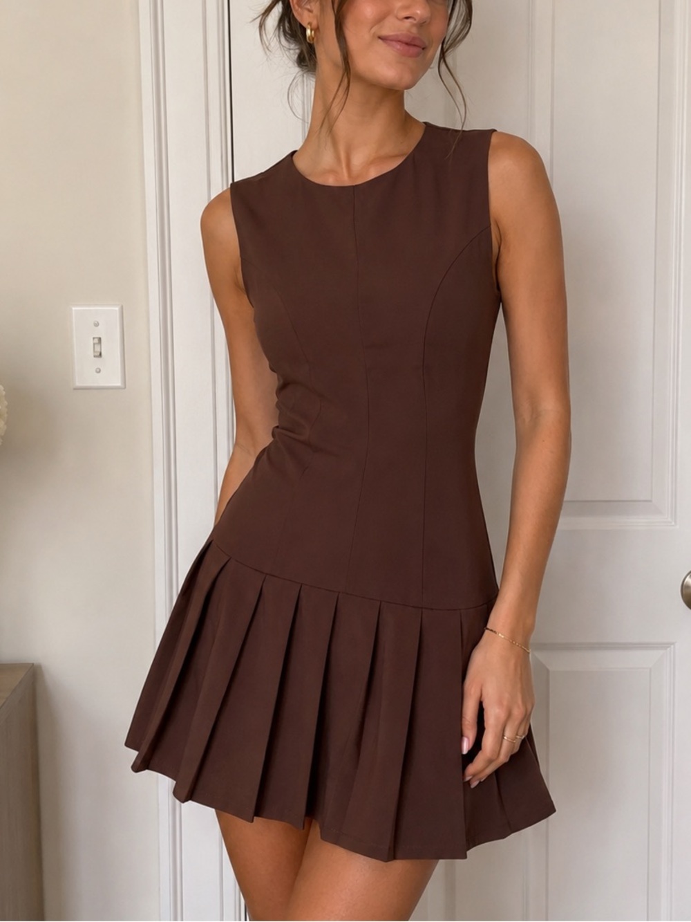 bebop Brown Sleeveless Drop Waist Pleated-Hem Dress